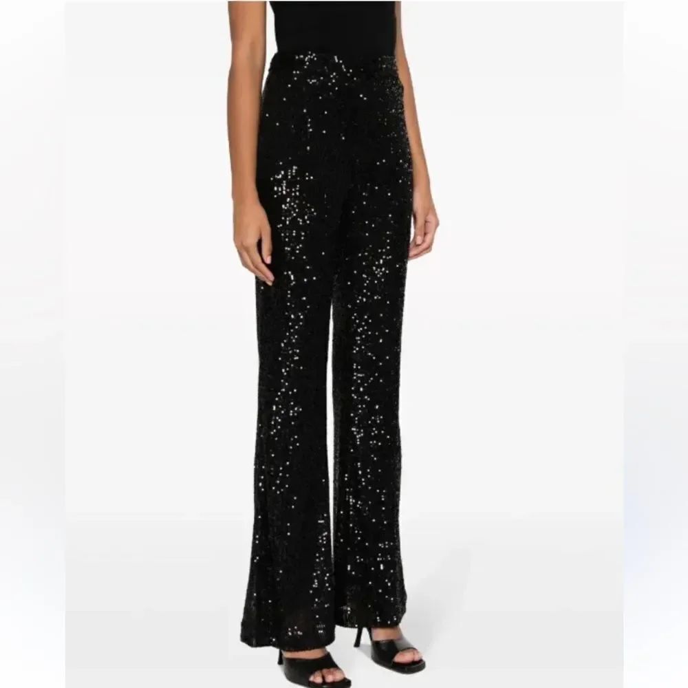 NWT By Anthropologie Women's Black Flare Pants Joni Sequin Pull-On Size 10